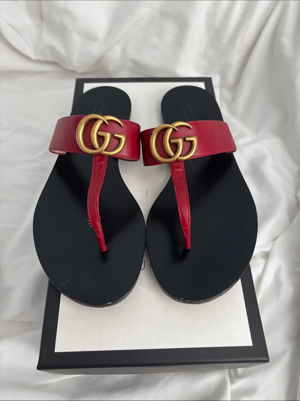 Gucci Marmont Red Leather Sandals with Gold Double G